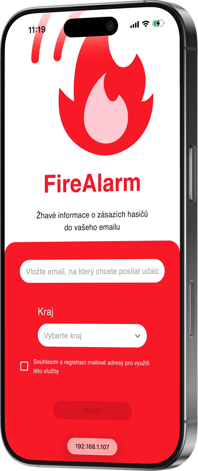 FireAlarm's old web app — sign-up screen with email and region picker, no user account
