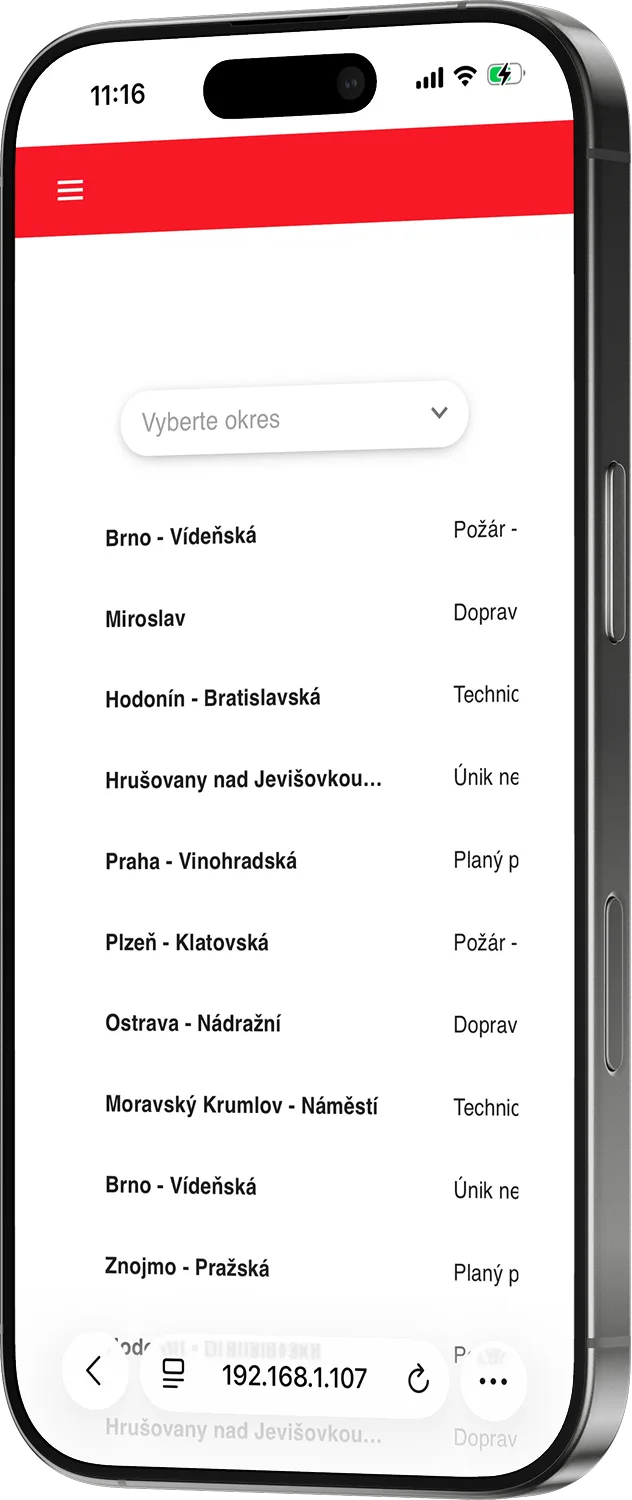 FireAlarm's old web app — list of events filterable by district