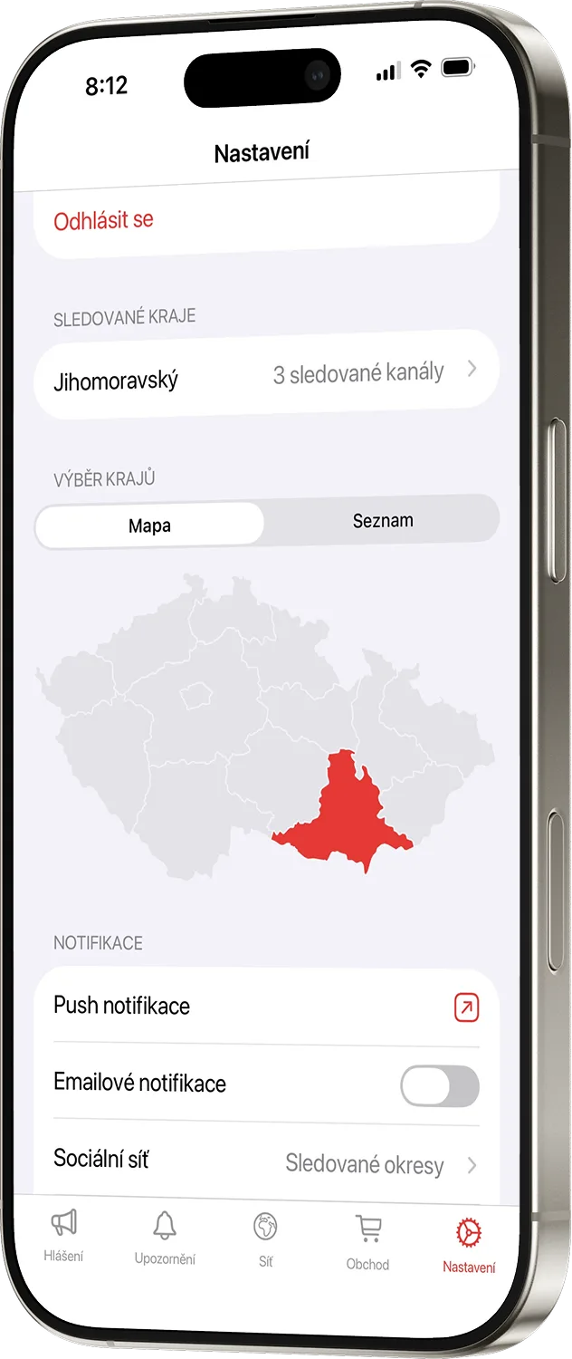 FireAlarm today — settings screen with region picker map and notifications