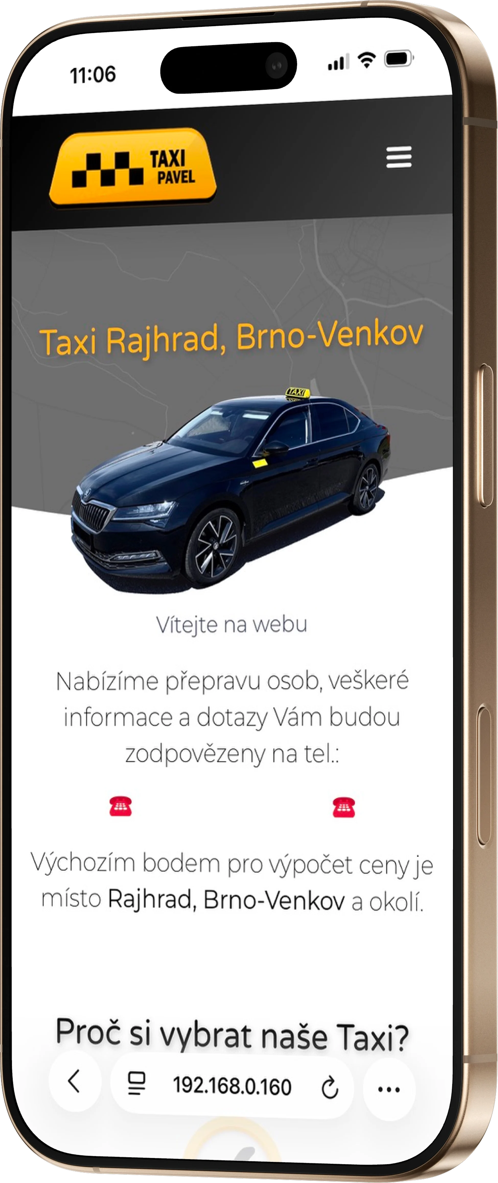 Taxi Pavel's old homepage — text-heavy hero section with the service area, no call button