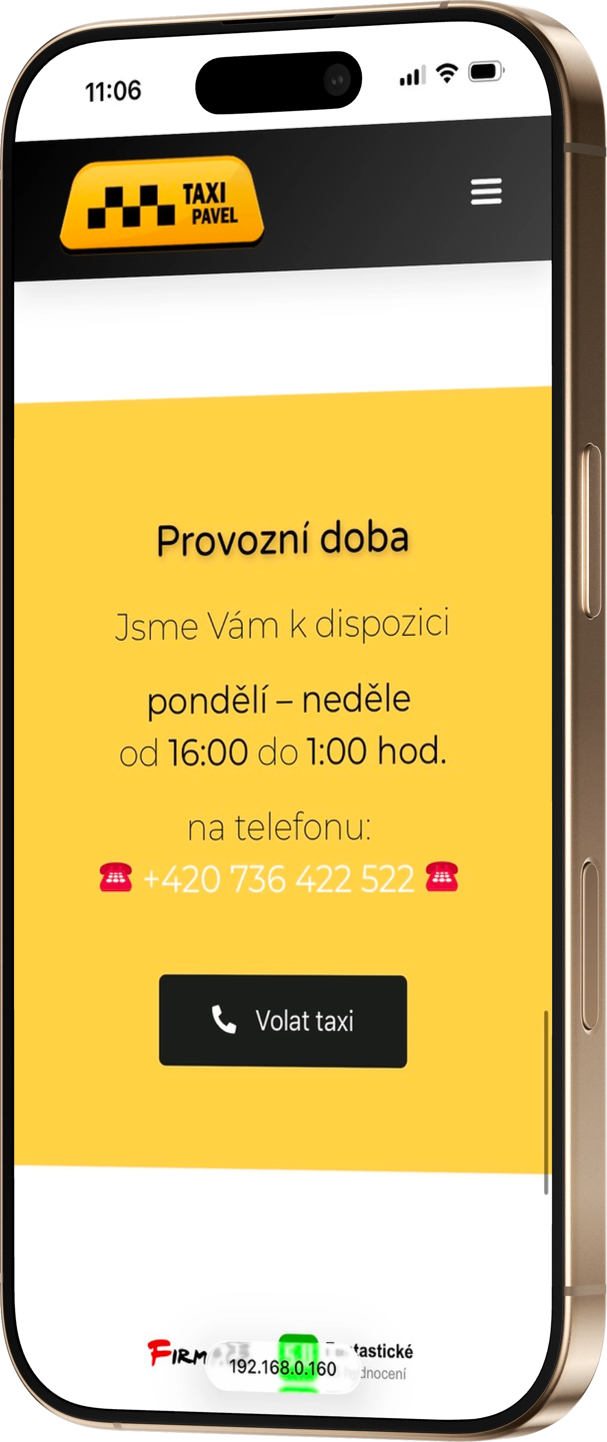 Taxi Pavel's old site — operating hours section with the phone number, several screens into the homepage