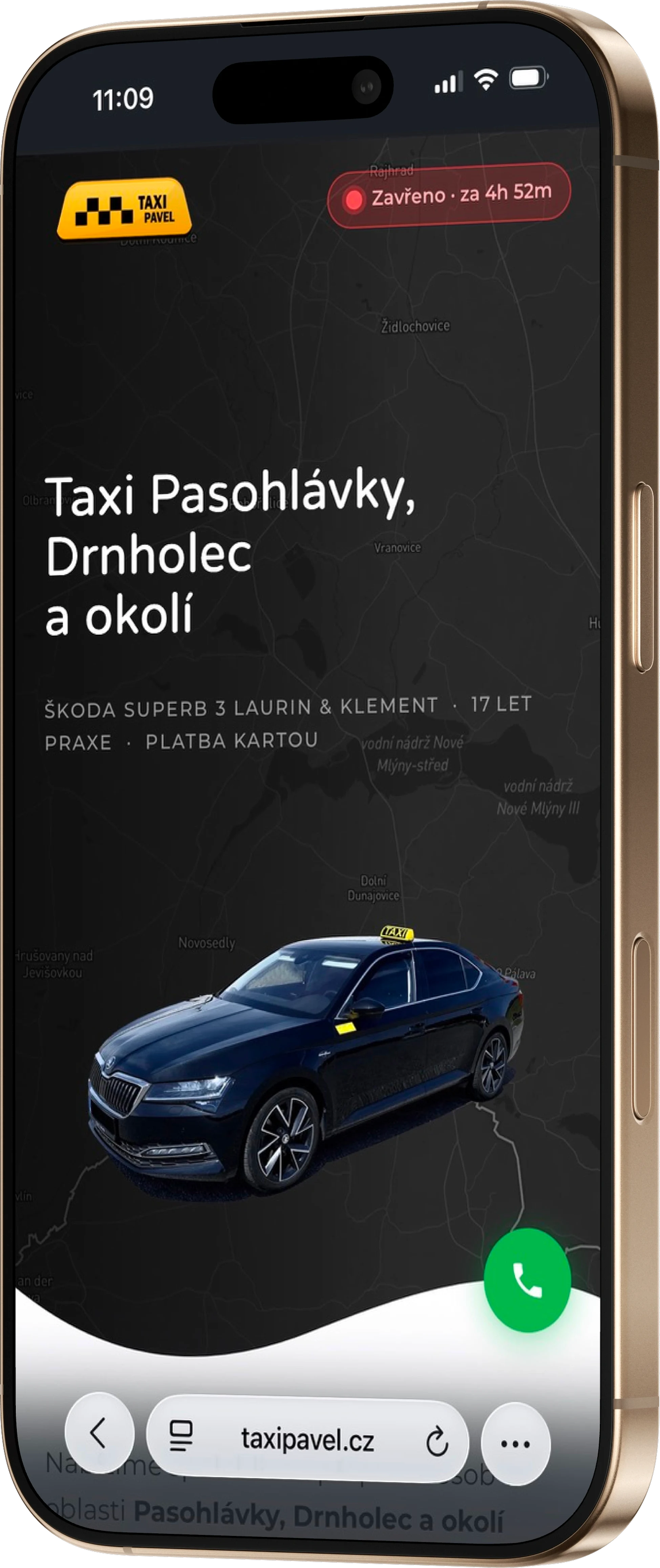 Taxi Pavel's redesigned homepage — live open/closed status badge and a persistent floating call button