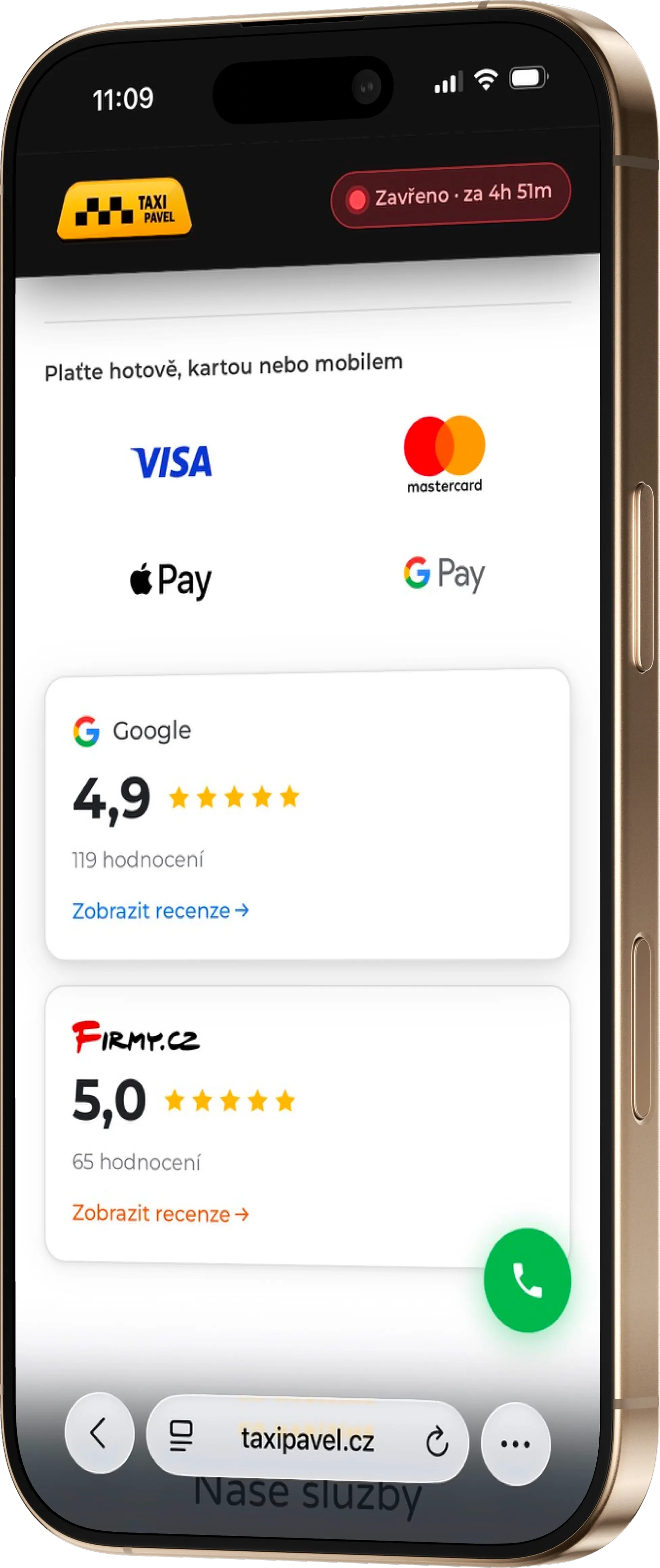 Redesigned site — payment method icons and Google/Firmy.cz review scores, floating call button visible