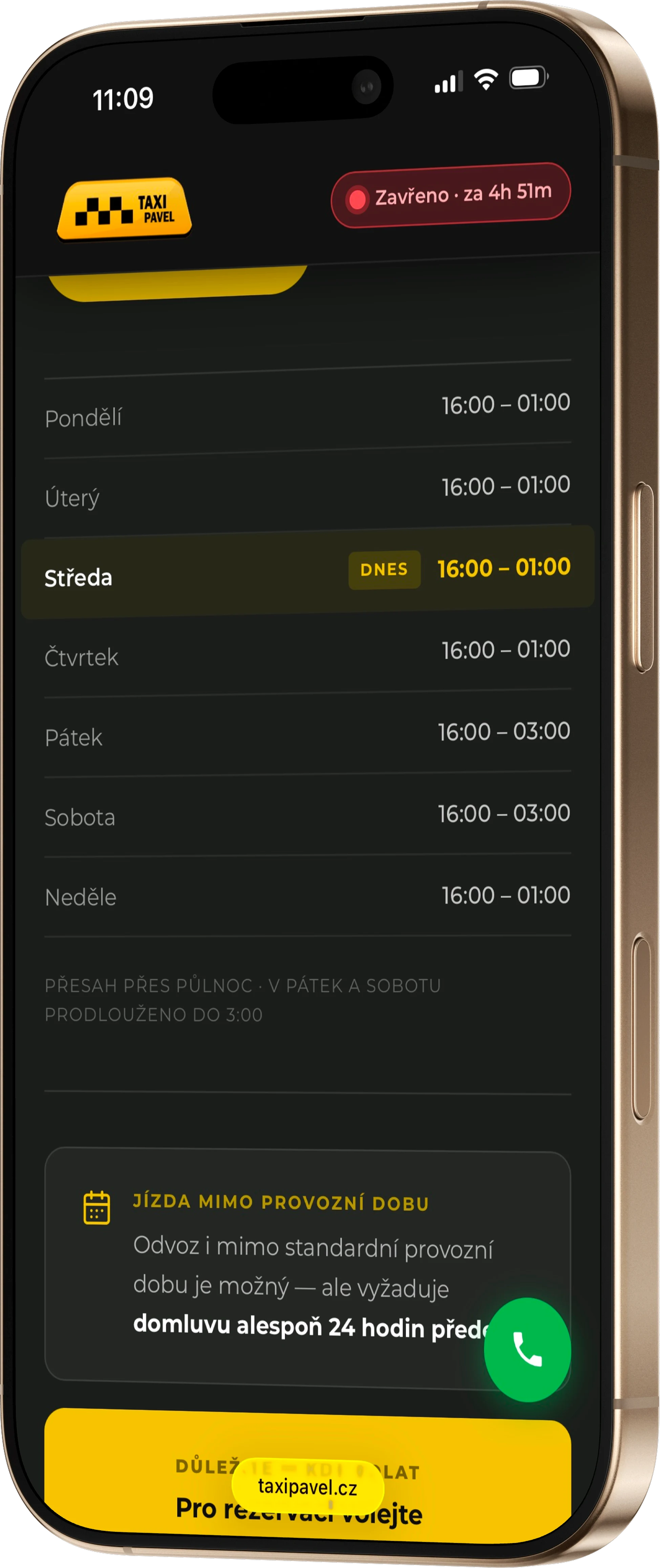 Redesigned site — weekly opening hours table with a note about rides outside standard hours
